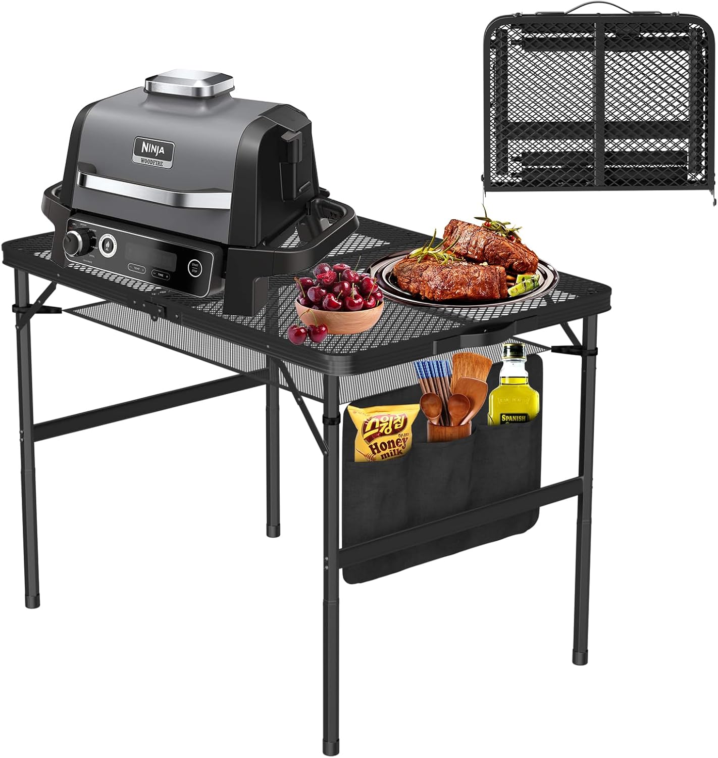 Portable Folding Picnic Table with Carry Handle, Outdoor Camping Table with Mesh Bag, with Metal Grid Desktop Adjustable Height Folding Outdoor Grill Table, for Ninja Blackstone Flat Top Griddle