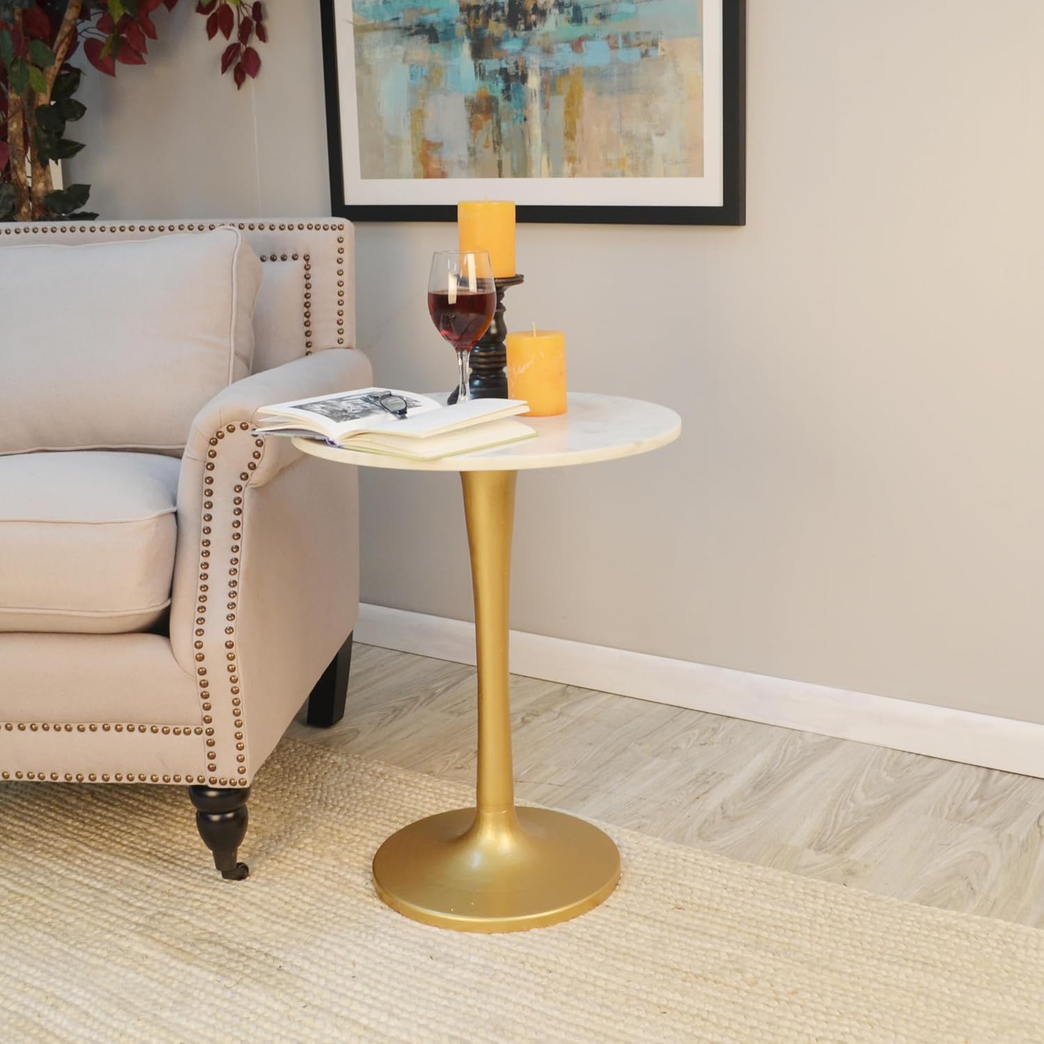 Carolina Chair & Table AMT1924-AGWHT Ilia Marble Top Accent Table, White/Antique Gold