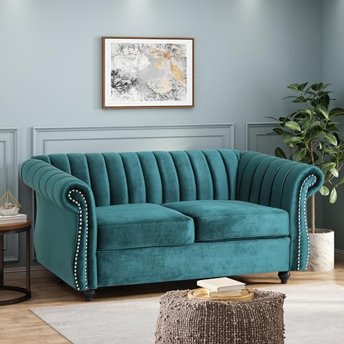 Loveseat Sofa, Modern Upholstered Sofa 2 Seater Couch, PU Leather Sofa with Wood Legs, Small Couches for Living Room, Bedroom (Teal + Velvet)