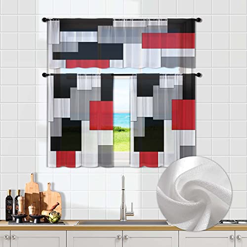 MCALK Yellow Blackout Kitchen Curtains Tiers and Valances Set 3 Piece for Windows Grey and Black Kitchen Window Curtains Set,White Modern Abstract Art Valances for Living Room(36