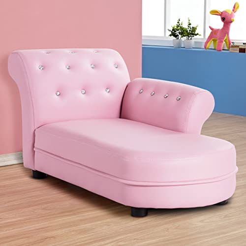 Armrest Relax Chaise Lounge Kids Sofa, Princess Sofa Couch with PVC Leather and Embedded Diamond, Children Bedroom Furniture Set for Girls Gift(Pink)