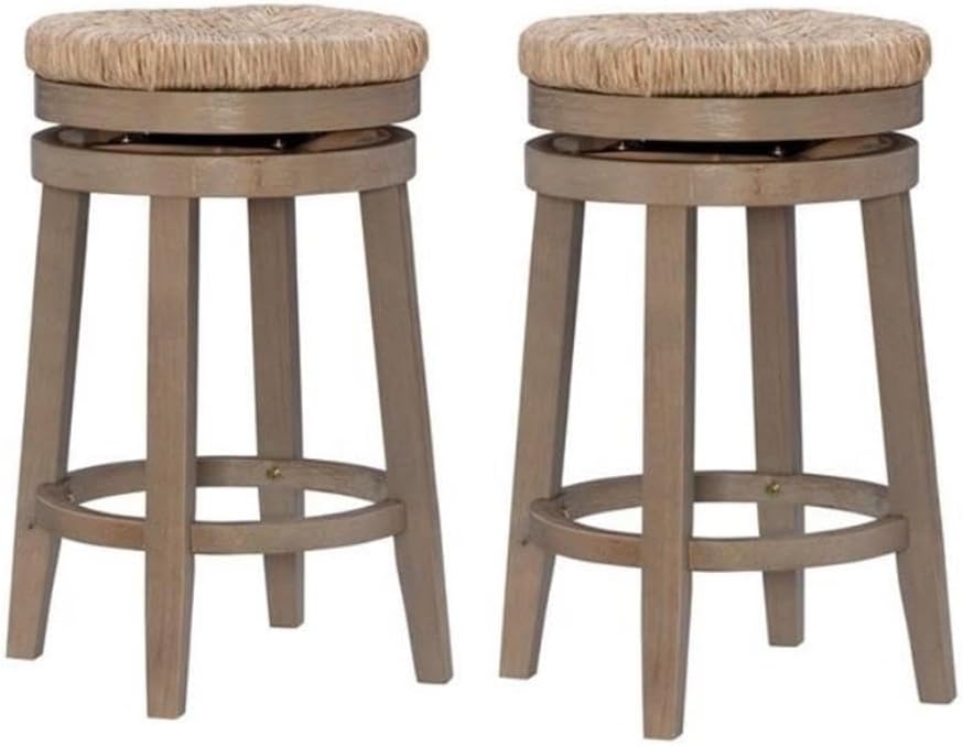 Home Square 2 Piece Solid Wood Swivel Rush Counter Stool Set in Natural Brown