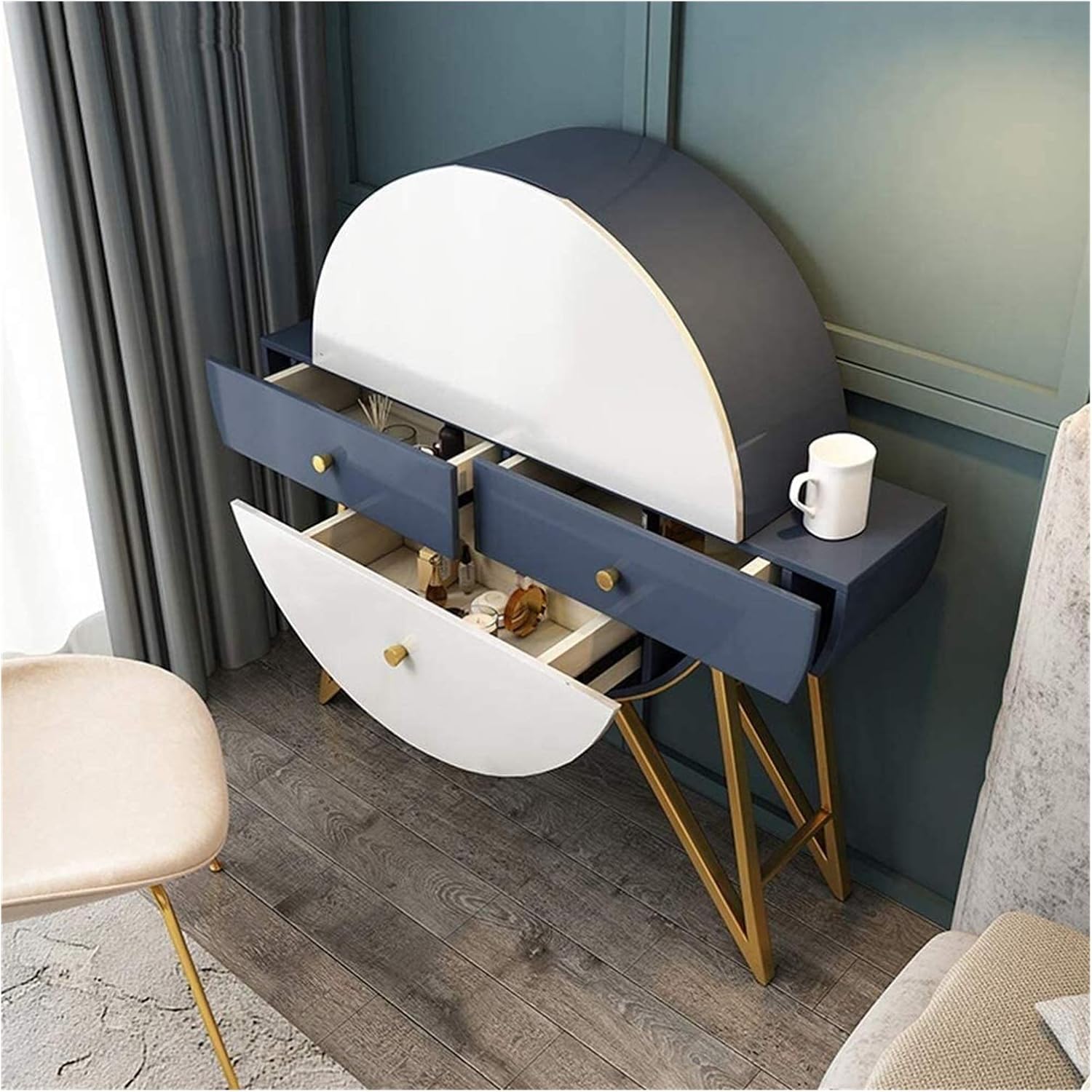 Luxury Dressing Vanity Table w/Stool for Bedroom, Nordic Modern Vertical Makeup Table Cubicle Wall Dressing Table Round Storage Cabinet Integrated with Mirror Stool