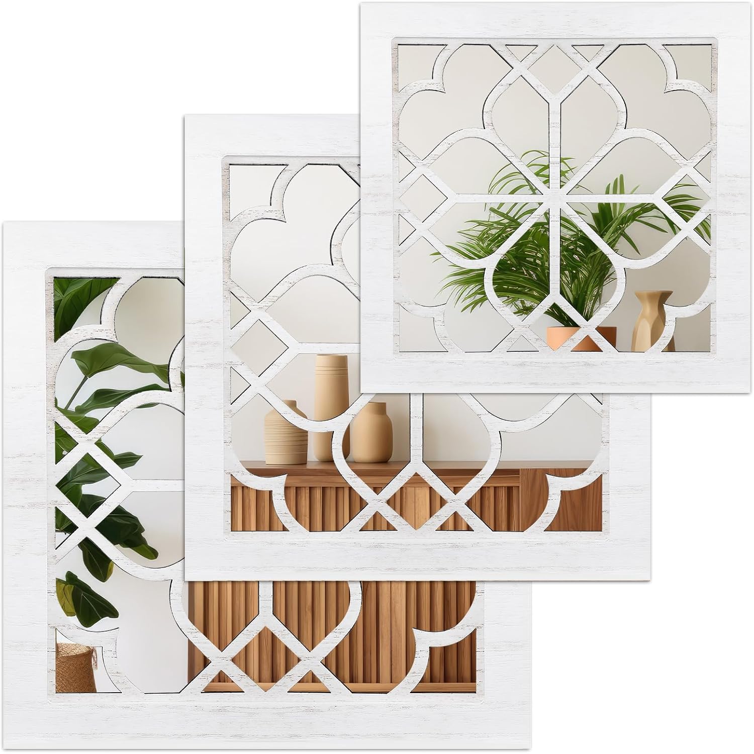 3 Pcs 12'' 10'' 8'' Square Decorative Mirrors for Wall Decor Elegant Geometric Square Wall Mirror Modern Rustic Farmhouse Mirror for Living Room Bedroom Bathroom Entry Decoration, White