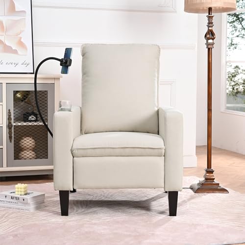 Recliner Chair for Adults, Adjustable Recliner Sofa with Phone Holder & Cup Holder, Modern Reclining Chairs with Upholstered Backrest & Footrest, Accent Chair Armchair for Living Room, Bedroom, Beige