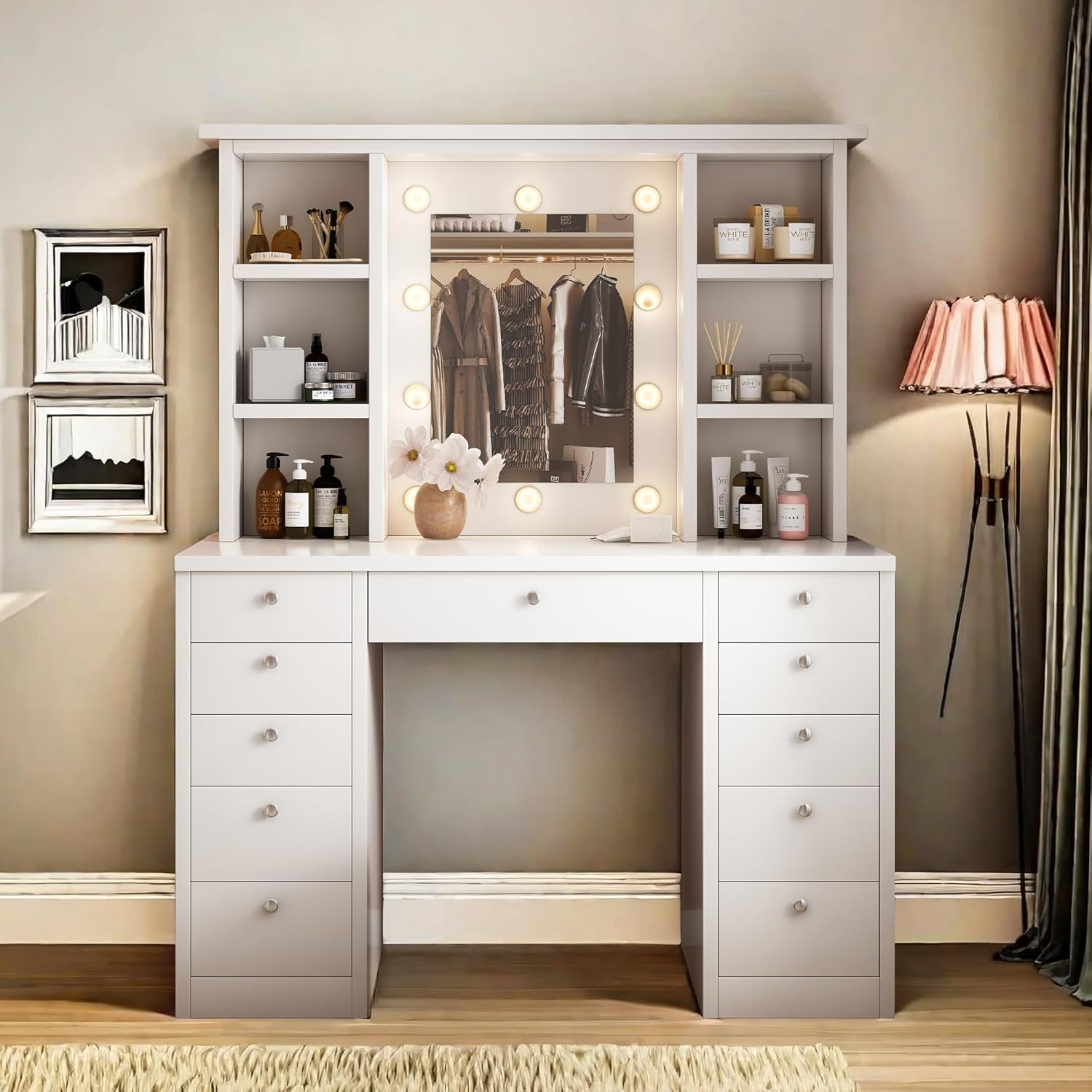 Makeup Vanity Desk - Vanity Table Set with Mirror and Lights, LED Lighted Mirror 3 Lighting Colors Adjustable, Hidden Wiring, with Drawers & Cabinet, Dresser Desk for Girls, Women, White