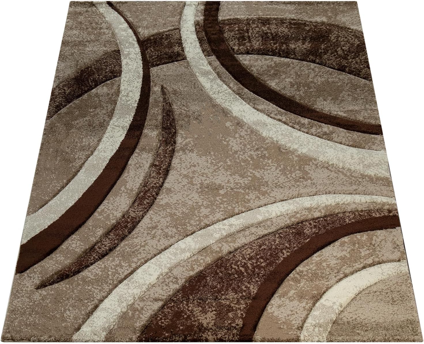 Area Rug with Contour Cut Striped Pattern Brown Beige and Cream Mixture, Size:5'3