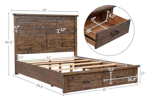 Solid Queen Bed Frame with 2 Storage Drawers, Queen Size Platform Bed Frame with High Headboard, Queen Bed with Wooden Support Legs Compatible with Teens Adults, Natural Bedroom Bed Frame,