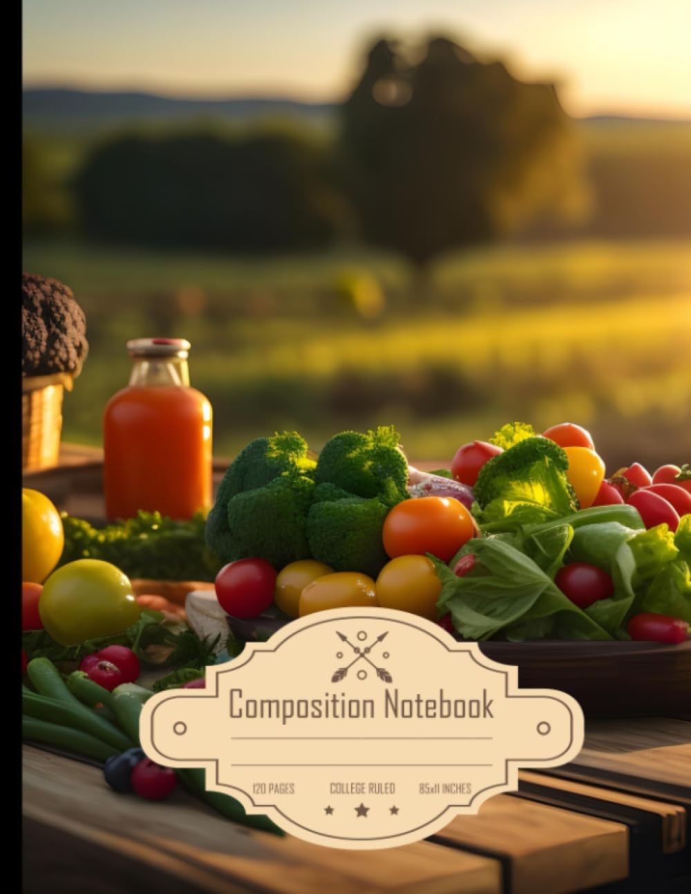 Composition Notebook College Ruled: Fresh Fruits and Vegetables on Wooden Table with Farm Background, Photo-Real 8K HD, 75mm Lens, Size 8.5x11 Inches, 120 Pages