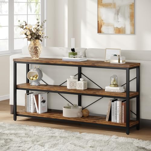 Tribesigns 55-Inch Industrial Sofa Table, 3-Tier Console Table with Metal Frame and Open Shelves, Modern Decorative Shelf, Open TV Shelf for Living Room, Entryway, Hallyway (Black)