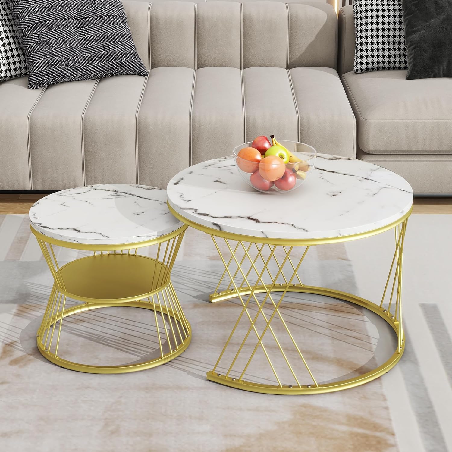 LUMISOL Round Nesting Coffee Table with Storage, Modern Coffee Table with Faux Marble Top & Metal Frame for Living Room, Small Spaces, Office, White and Gold