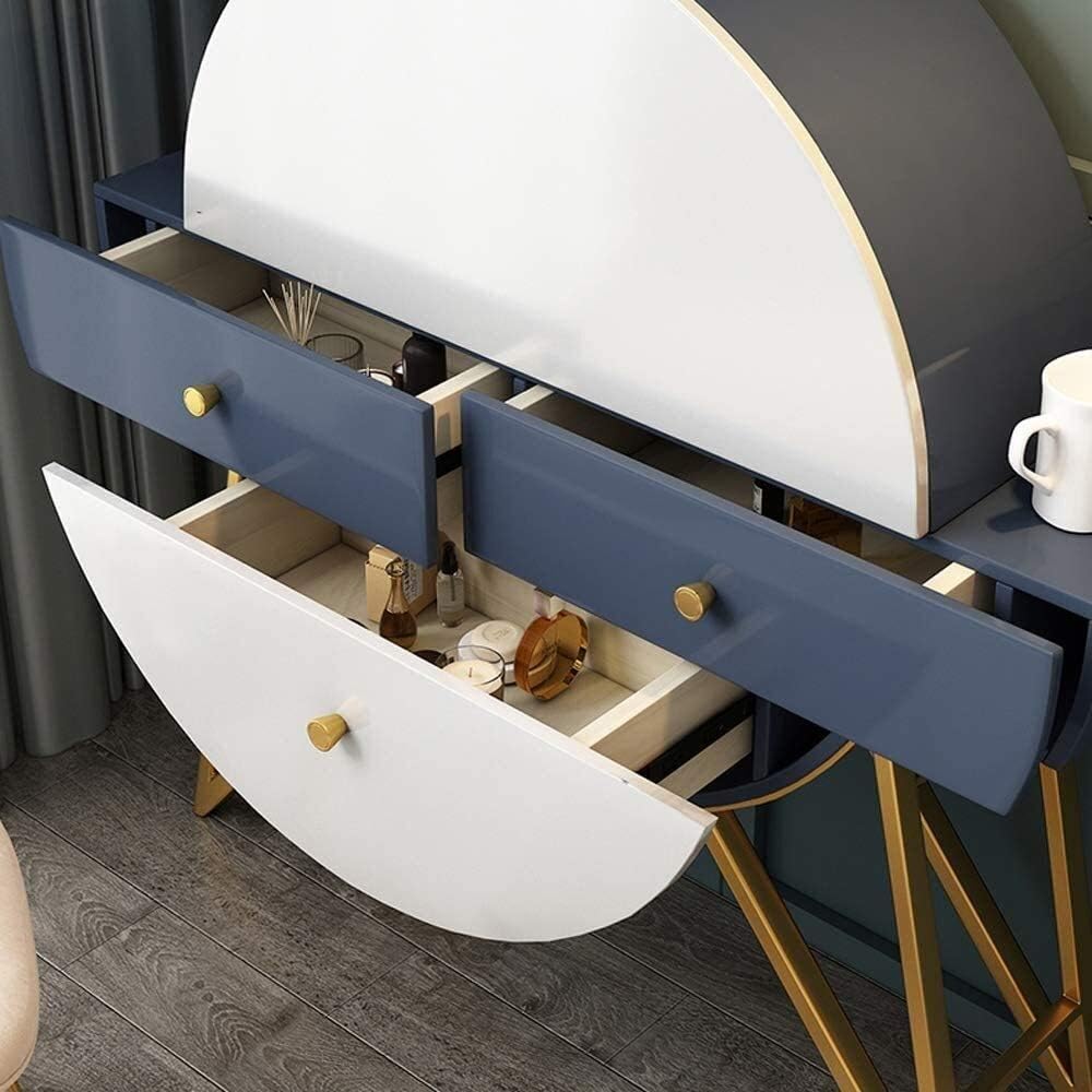 Luxury Dressing Vanity Table w/Stool for Bedroom, Nordic Modern Vertical Makeup Table Cubicle Wall Dressing Table Round Storage Cabinet Integrated with Mirror Stool