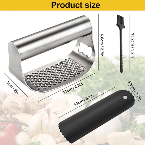 Stainless Steel Garlic Presser, 2024 New Garlic Press Rocker Garlic Mincer Garlic Crusher with Peeler and Cleaning Brush, Stainless Steel Garlic Mincer for Smash Garlic Kitchen Tools (A)