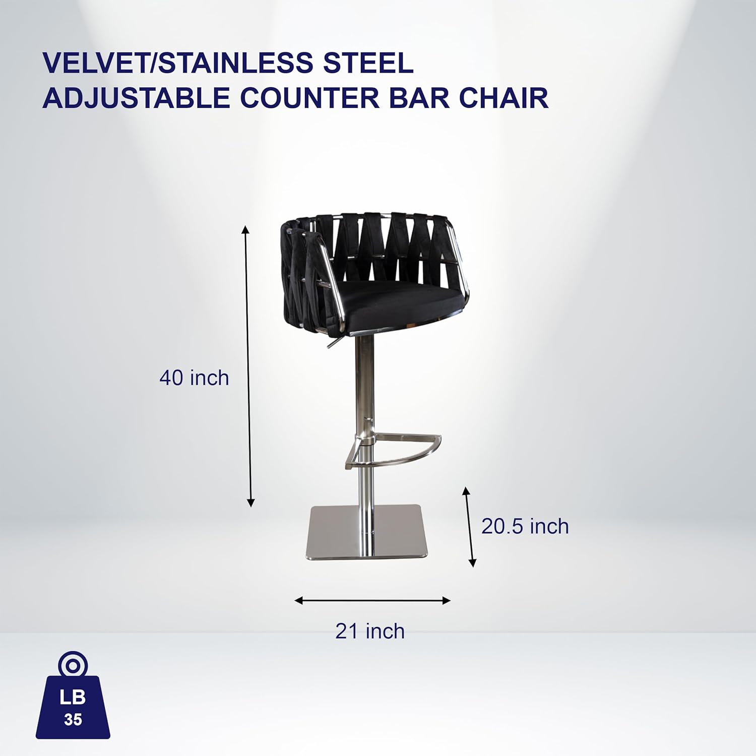 Velvet/Stainless Steel Indoor Milano Adjustable Swivel Counter Chair Bar Stool, Silver, Black
