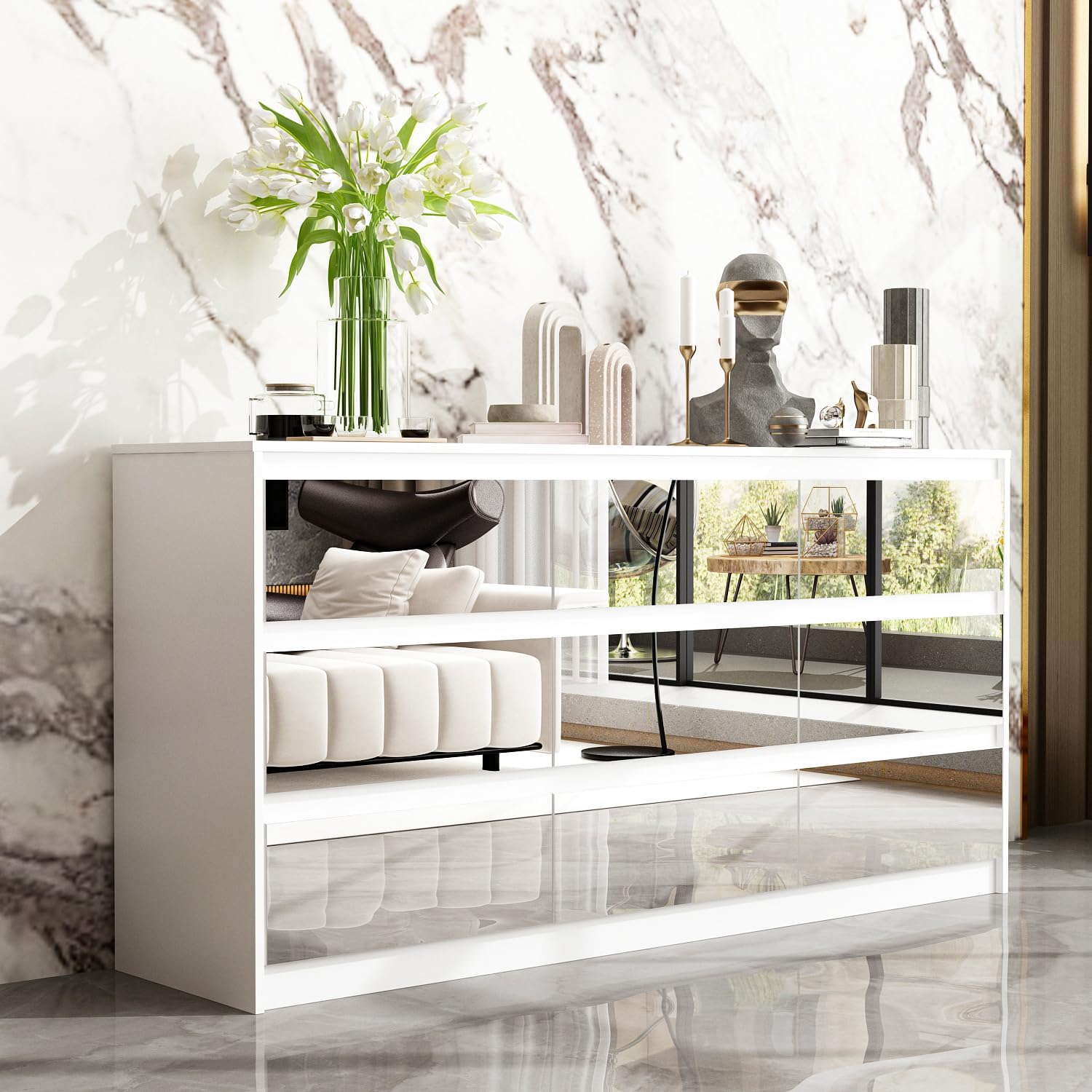 Homsee 9 Drawers Double Dresser with Mirror Fronts, Modern Wood Dresser Chest of Drawers with Large Storage Space for Bedroom, White (63”L x 15.7”W x 31.5”H)