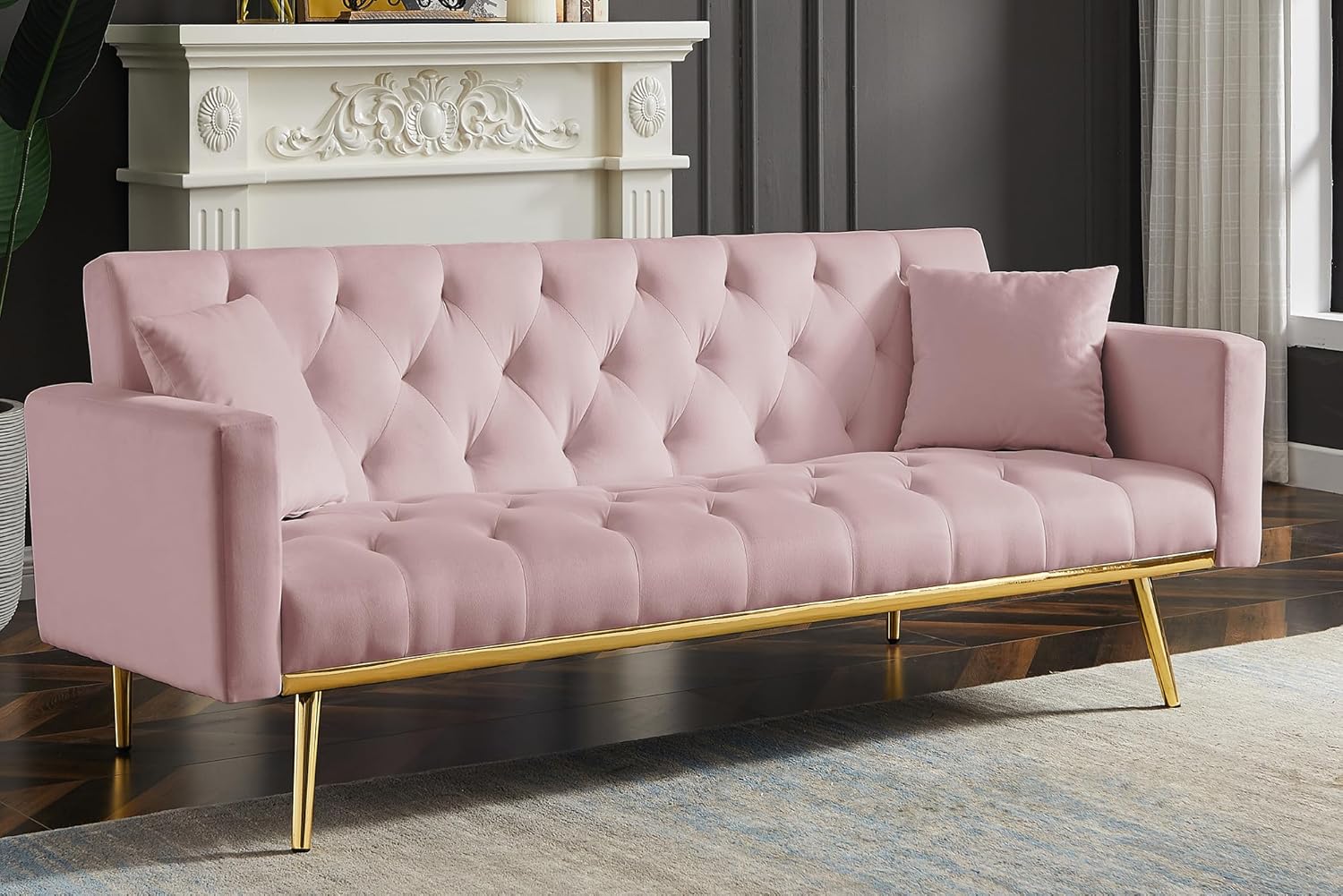 Modern Velvet 2 in 1 Futon Sofa Bed,Convertible Folding Sleeper Bed Couches with 2 Pillows,73