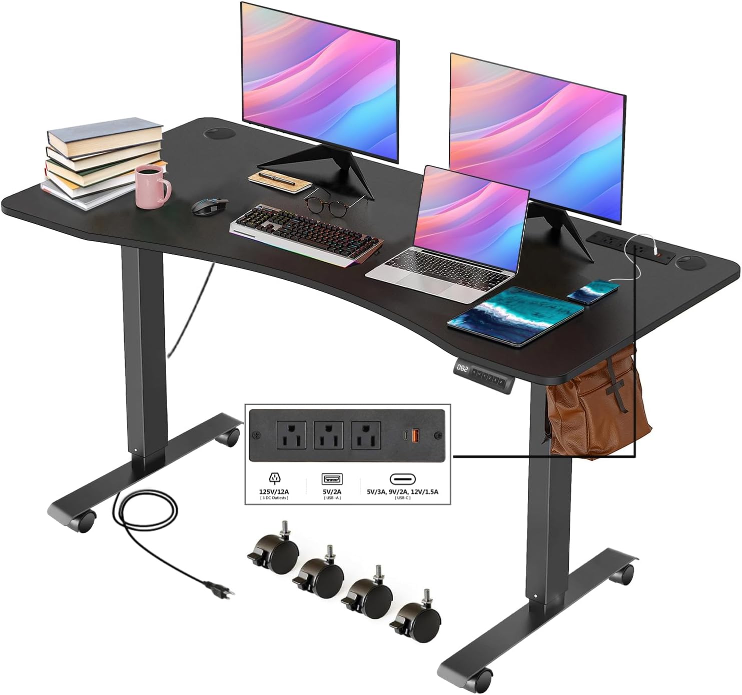Electric Standing Desk 48x24in with Wheels, Ergonomic Curved Sit-Stand Desk with Charging Station, 2 USB Ports, 3 Power Outlets, Spacious Workstation for Home Office(Black)