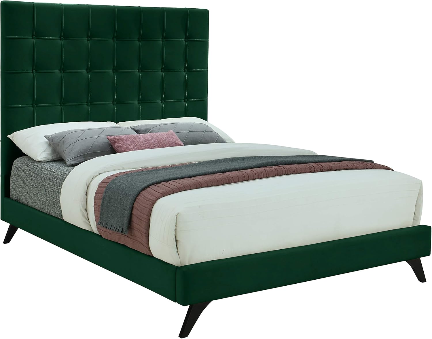 Meridian Furniture Elly Collection Modern | Contemporary Velvet Upholstered Bed with Deep Button Tufting and Custom Espresso Wood Legs, Full, Green