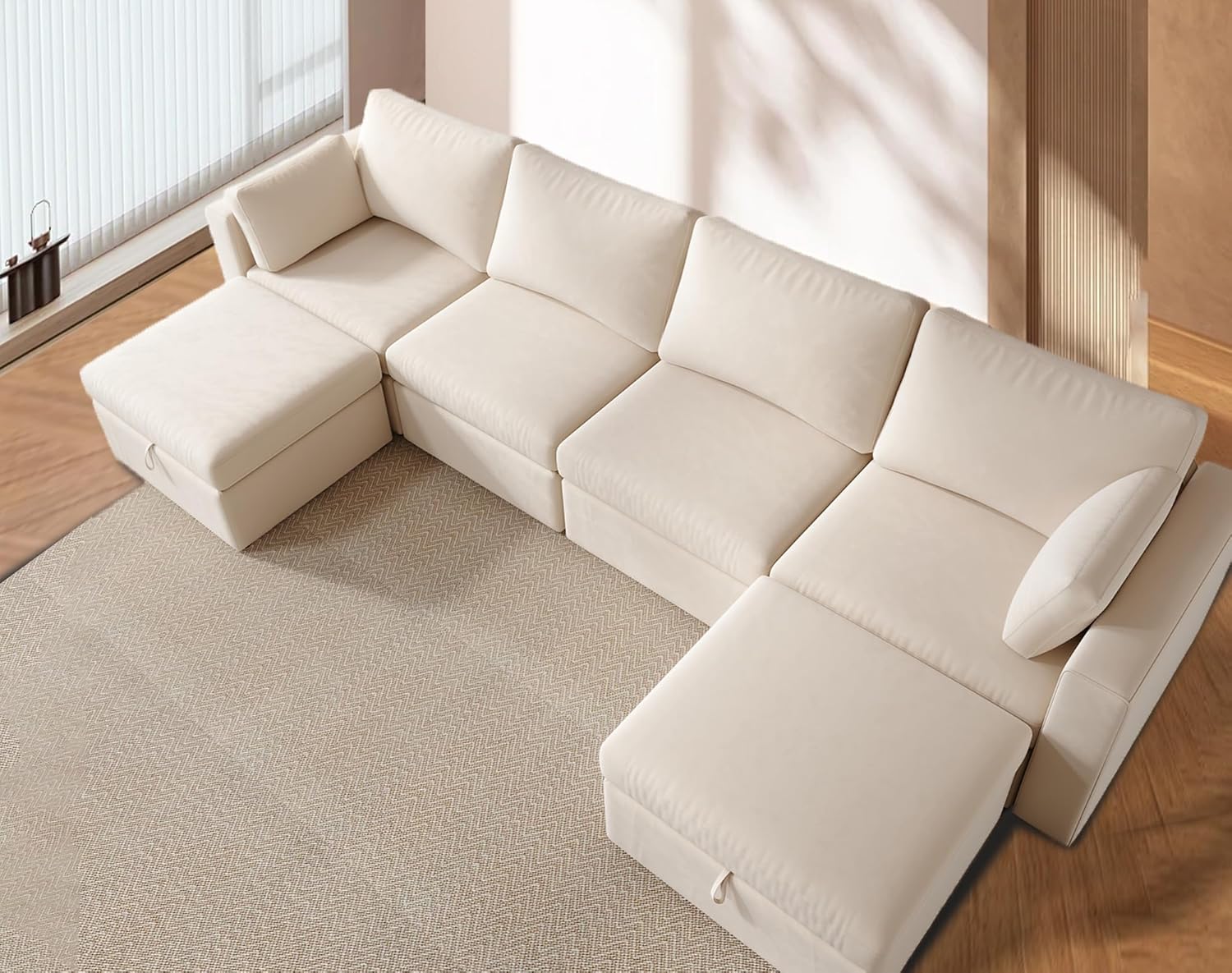 Modular Sectional Sofa, 4 Seat Deep Sectional Sofa with 2 Storage Ottomans, Oversized Sectional Couches for Living Room - Velvet Cream White(130'' W)
