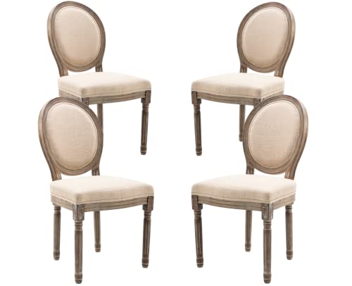 CIMOTA Farmhouse Dining Chairs Set of 6, French Rattan Dining Room Chairs with Rectangle Back/Distressed Wood Upholstered Vintage Side Chairs for Kitchen/Restaurant, Beige/6PCS