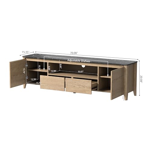 TV Stand for 80 Inch TV, Modern Entertainment Center with LED Lights, Media Console Table with Storage Drawers & Cabinets for Living Room, 70 Inch, Natural Wood Wash