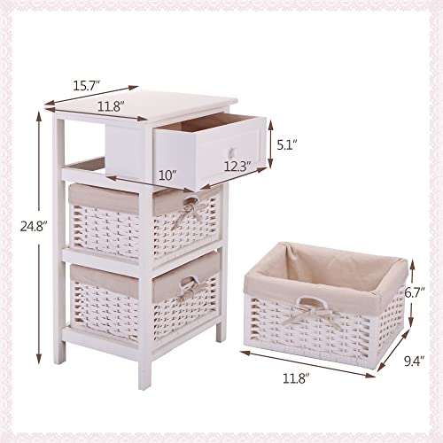 2PCS White Nightstand End Table Bedroom Bedside Furniture w/ 2 Wicker Storage Wood
