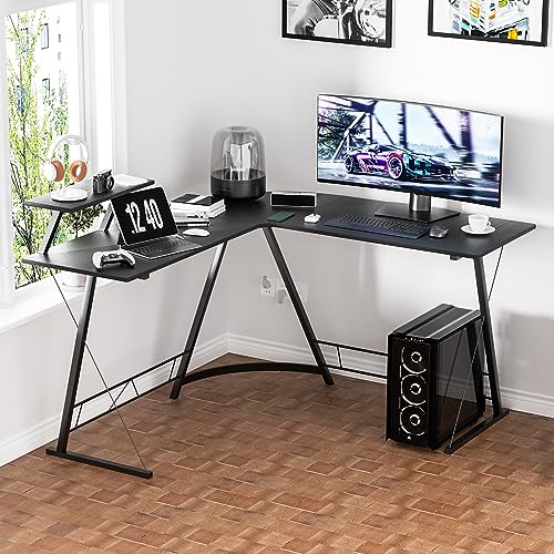 MoNiBloom L Shaped Gaming Desk Computer Corner Table with Metal Frame, L Desk Workstation for Home Office, Space-Saving, Black