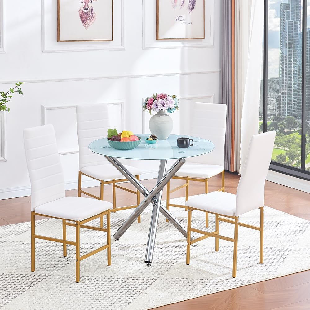 Dining Set for 4, Round Glass Dining Table with 3 Legs and 4 Metal Chair for Home Office Kitchen Dining Room 35.43