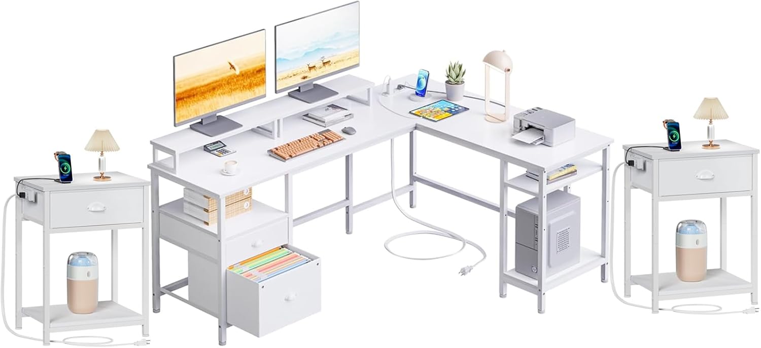 Furologee White 59” L Shaped Desk and Nightstands Set of 2, Small Bed Side Table with Fabric Drawer for Small Spaces,e for Living Room, Bedroom, Dorm
