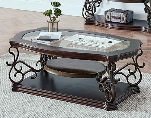 Goujxcy Traditional Coffee Table Elegant Center Table with Tempered Glass Top and Storage Shelves, 3-Tier Wood Accent Cocktail Table for Living Room Home Office, 52