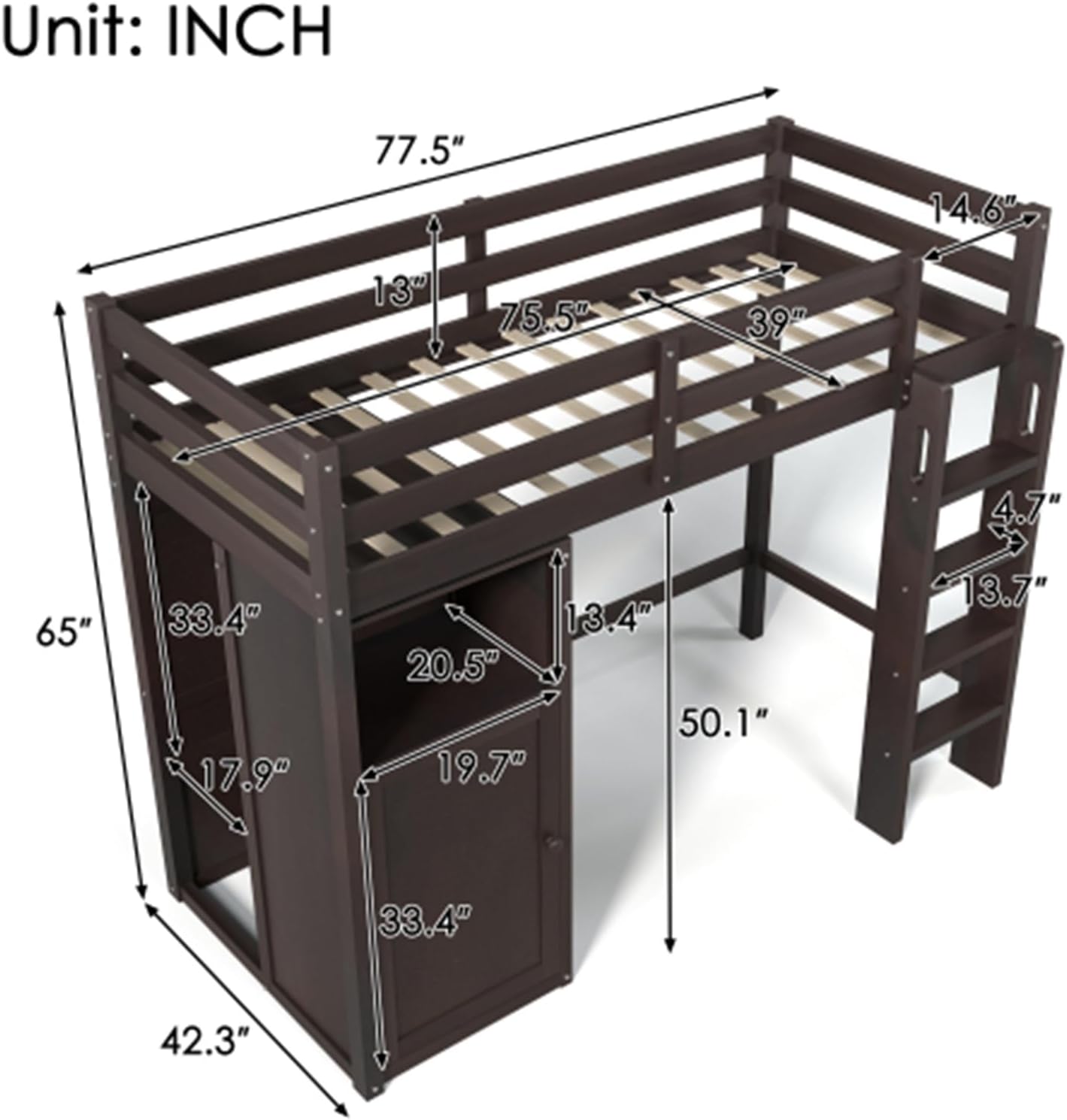 Simple and atmospheric double-decker loft bed with wardrobe, storage rack and ladder, coffee color
