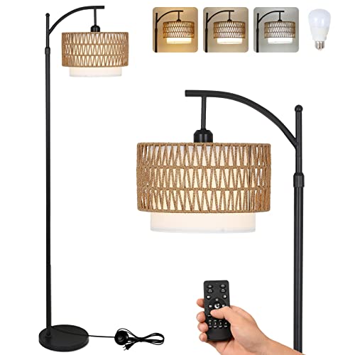 Arc Floor Lamp for Bedroom, Boho Standing Lamp with Remote & LED Smart Bulb, Rattan Floor Lamps for Living Room with 3 Color Temperatures, Height Adjustable Corner Tall Lamp, Stand up Lamp for Office