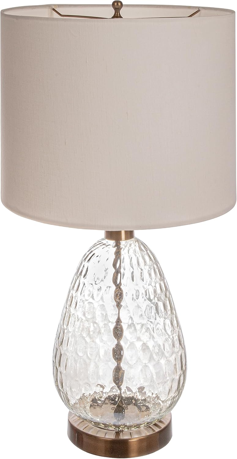 Creative Co-Op Textured Glass Base Table Lamp with Cotton Drum Shade, White