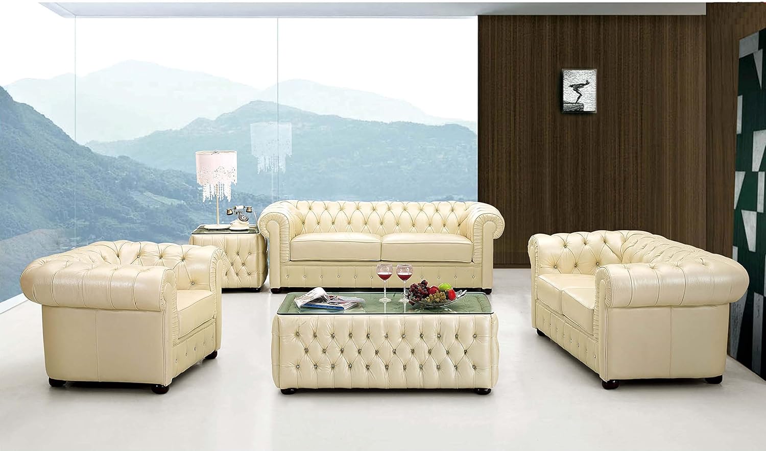 Genuine Italian Leather Living Room Furniture Sofa Set, Ivory, (E-258S)