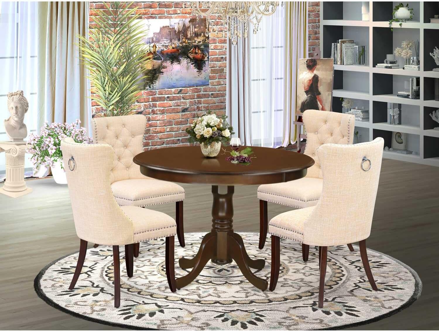 Suburban Sophistication 5 Piece Kitchen Table Set Includes A Round Dining Table with Pedestal and 4 Padded Chairs, Mahogany