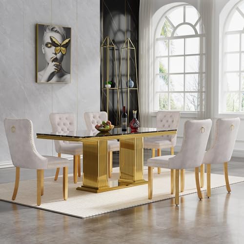 HomVent 70.08'' Faux Marble Dining Table Set for 6, Modern Rectangle Faux Marble Kitchen Table Set with Faux Marble Table Top & Stainless Steel Base (Silver Table with 6 Grey Chairs, 7 Pieces)