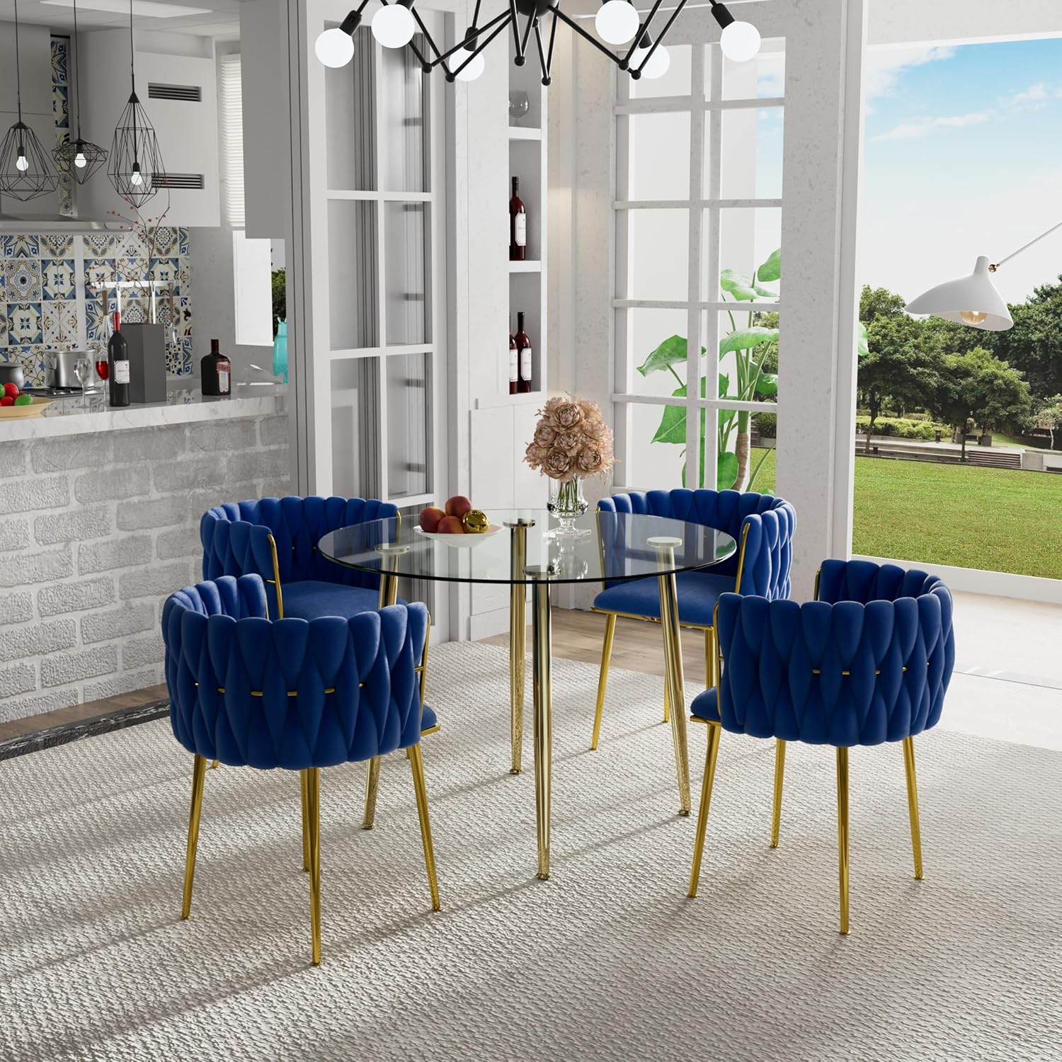 Baysitone Glass Round Dining Table Set for 4, 40'' Small Clear Circle Dining Room Table Set, Circular Kitchen Table Set, 5 PCS Mid Century Modern Dining Table with Blue Woven Chairs for Home (Golden)