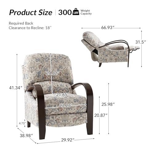 HULALA HOME Floral Manual Recliner, Modern Pushback Recliner Chair Upholstered Printed Fabric Wingback Chair for Living Room Bedroom,Red