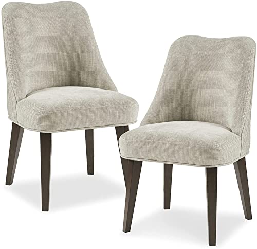 Martha Stewart Holls A Pair Dining Chairs Swoop Arm, Curved Upholstered Back, Round Piping, Foam Seat Cushion Modern Kitchen Furniture, Dark Finished Solid Wood Legs, 21