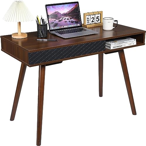 GAOMON Modern Home Office Writing Desk, 42 Inch Computer Table Desk with Drawers, Simple Mid Century Modern Desk, White