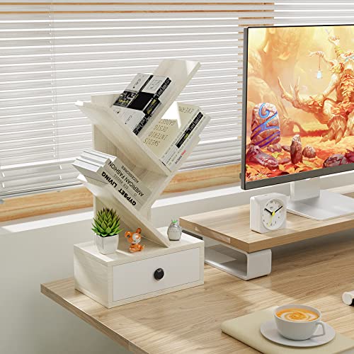 Tangkula 5-Tier Tree Bookshelf with Drawer, Desktop Bookshelf for Desk, 5 Shelf Space Saving Corner Bookcase, Wood Display Rack for Books/CDs/Movies, Book Shelf for Home Office Dorm (Brown, 5 Tier)