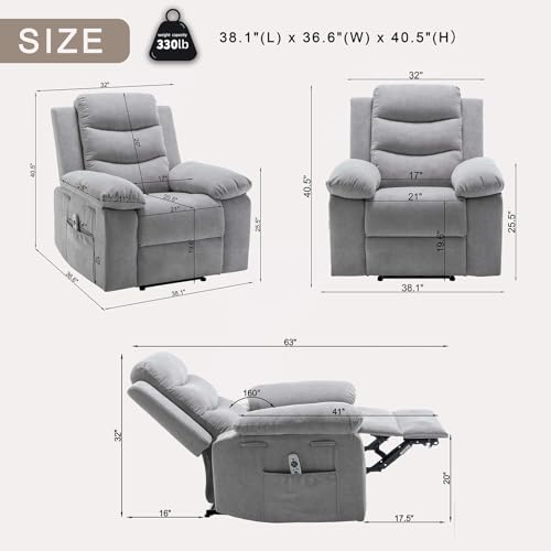 Electric Power Recliner Chair with Lumbar Heating and 8-Point Vibration Massage Function, Remote Control, Fabric Velvet Single Sofa Chiar with Footrest for Adult Living Room (Dark Gray)