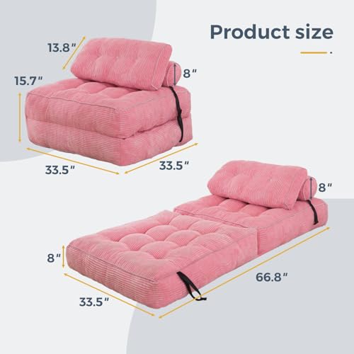 MAXYOYO Folding Sofa Bed, Convertible Sleeper Chair with Pilow Foldable Matress with Back Support, Portable Fold Out Chair Bed Comfy Floor Sofa Lounge for Living Room Bedroom, Pink, Single