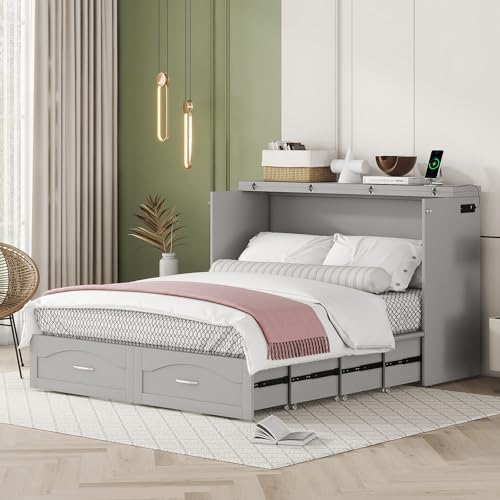 Full Size Murphy Bed Wall Bed with Drawers, Shelves and LED Lights, Foldable Platform Bed Folded into Cabinet, Muti-Functional Designed for Home Office (Gray&Drawer-2, Full)