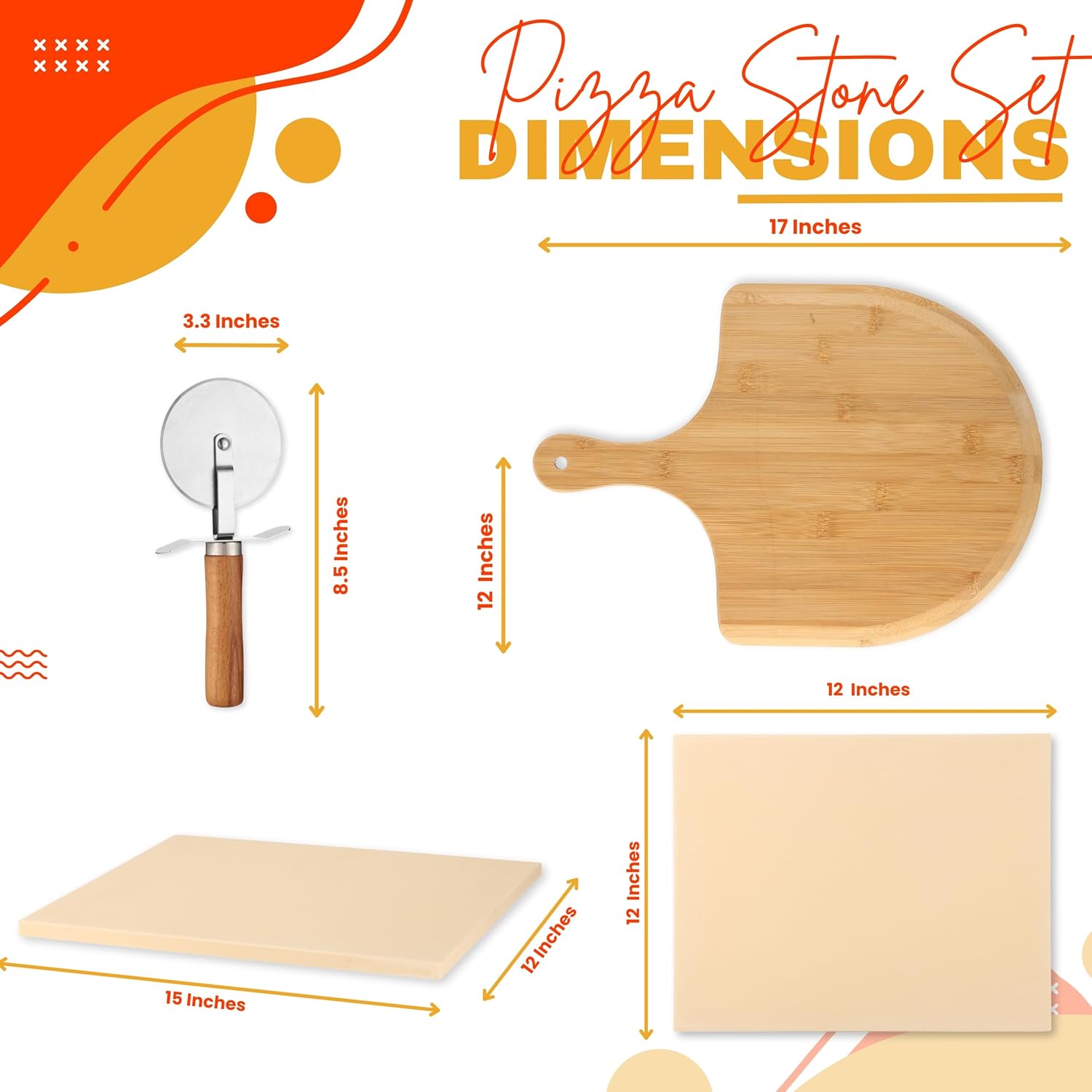 Pizza Stone (Set of 3) - Rectangle Pizza Stone for Oven, Baking Pizza Stone for Grill with Wooden Pizza Peel and Stainless Steel Pizza Cutter, Baking Stone for Pizza, Bread, BBQ