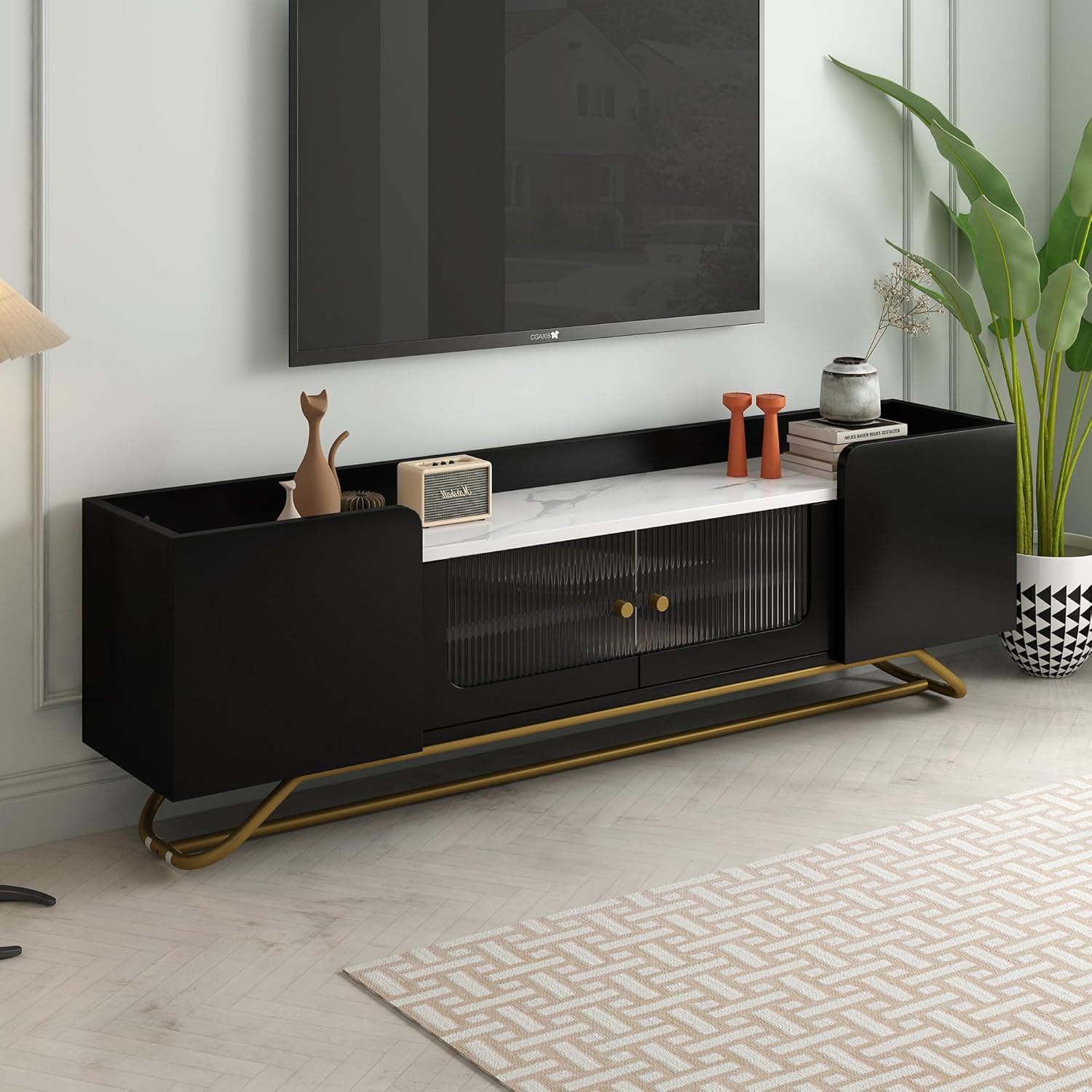 Modern TV Stand with Fluted Glass, Contemporary Entertainment Center Up to 70