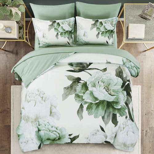 Teal Comforter Set King 7 Piece Bed in a Bag, Teal Blue Floral Printed Comforter Set with Sheets, Soft Microfiber Botanical Complete Bedding Set for All Season