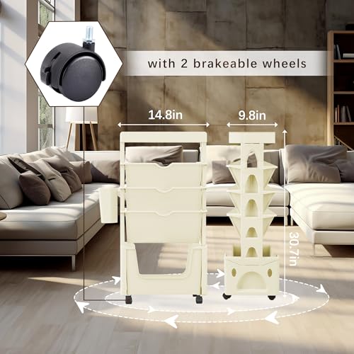 5-Tier Mobile Bookshelf Cart, Stable Removable Bookshelf With Wheels, Movable Book Rack Storage Bookcase Organizer, Kids Bookshelf Carts For Living Room Classroom Office Kitchen, Easy Assemble, Khaki