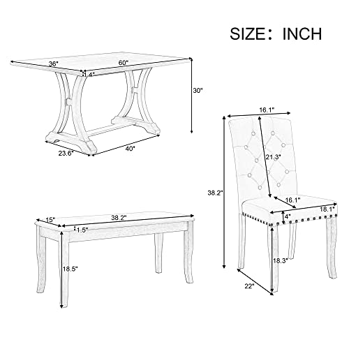 Retro Rustic Table, 6 Piece Farmhouse, Rectangular TrestleTable and Bench&4 Upholstered Chairs, Wooden Kitchen Furniture Set for Dining Room, Wood