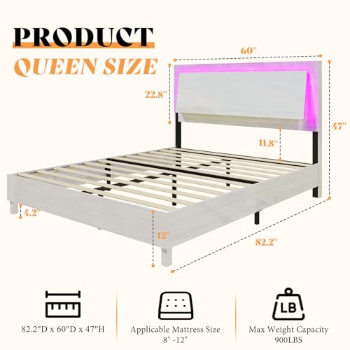 AMERLIFE Full Size Platform Bed Frame with Smart RGBW LED Lights, High Gloss Wooden Bed Frame with Floating Ergonomic Headboard, Slats Support/No Box Spring Needed, White Woodgrain